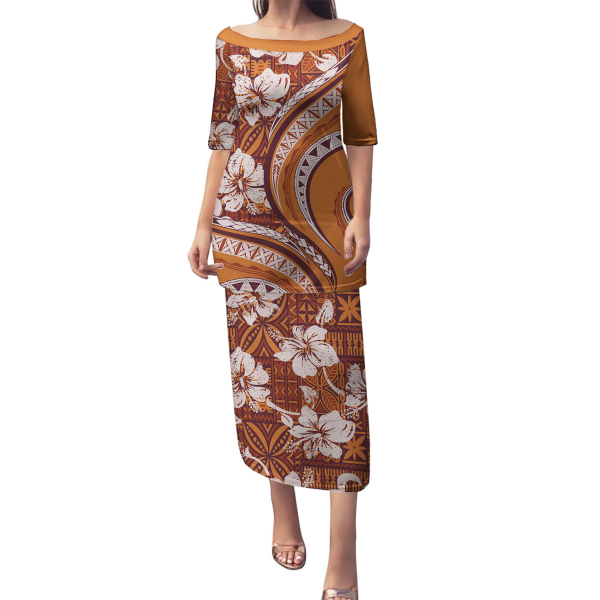 Hawaiian Hibiscus Tribal Vintage Motif Family Matching Puletasi and Hawaiian Shirt Ver 5 LT9 Mom's Dress Gold - Polynesian Pride