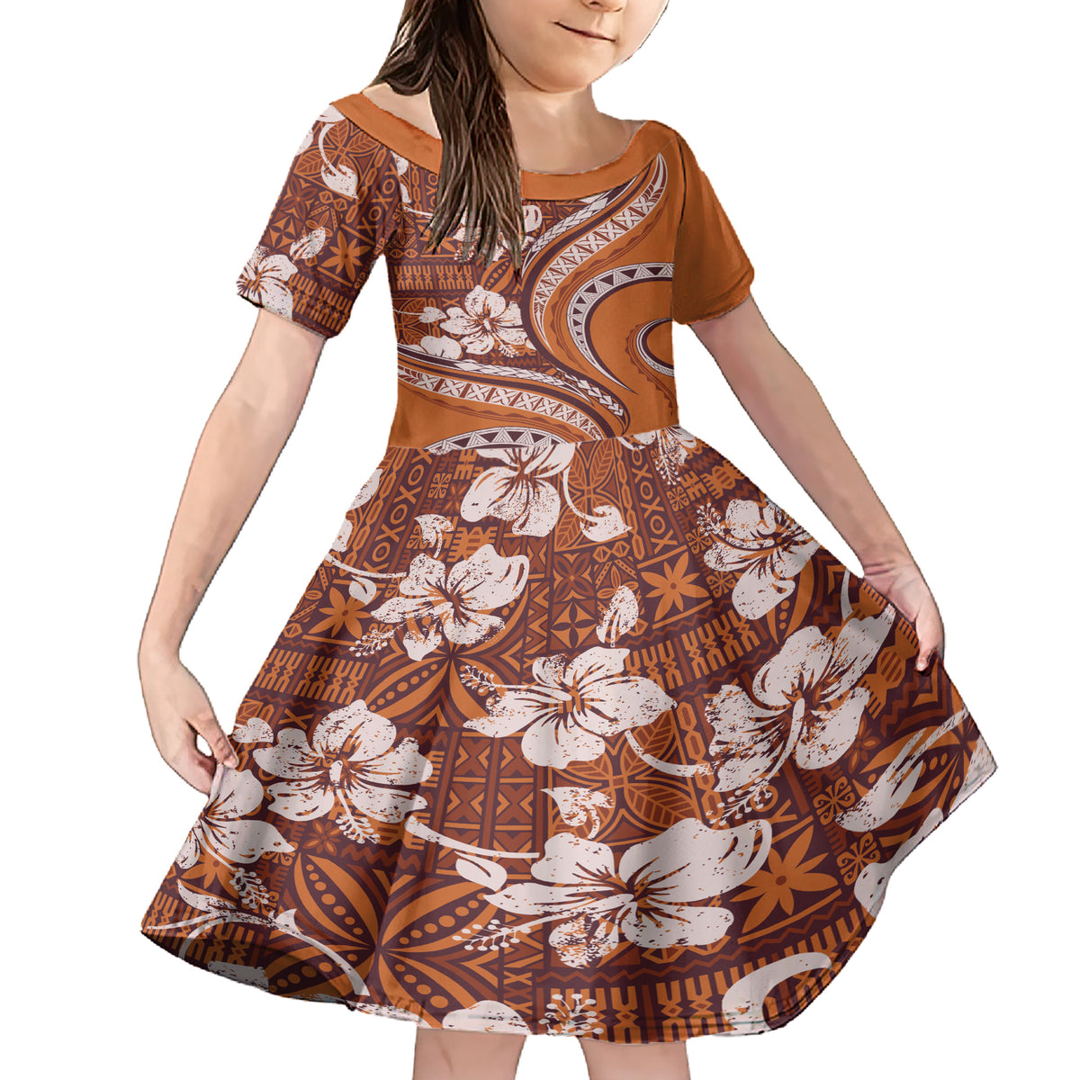 Hawaiian Hibiscus Tribal Vintage Motif Family Matching Short Sleeve Bodycon Dress and Hawaiian Shirt Ver 5 LT9 Daughter's Dress Gold - Polynesian Pride