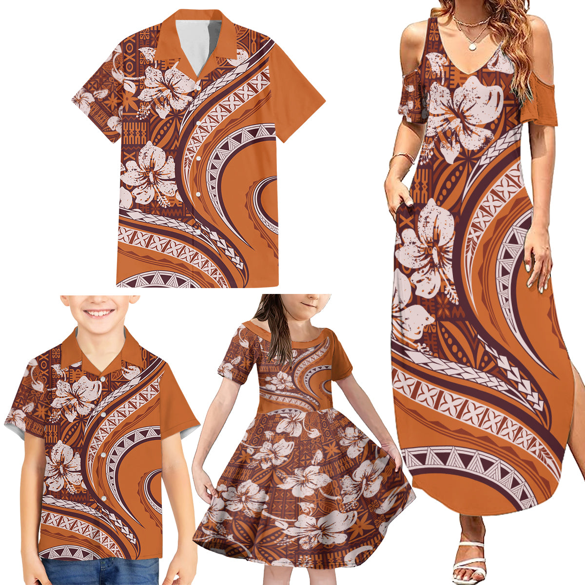 Hawaiian Hibiscus Tribal Vintage Motif Family Matching Summer Maxi Dress and Hawaiian Shirt Ver 5 LT9 - Polynesian Pride