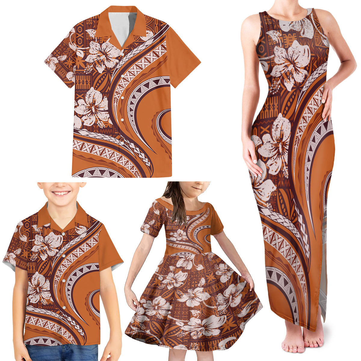 Hawaiian Hibiscus Tribal Vintage Motif Family Matching Tank Maxi Dress and Hawaiian Shirt Ver 5 LT9 - Polynesian Pride