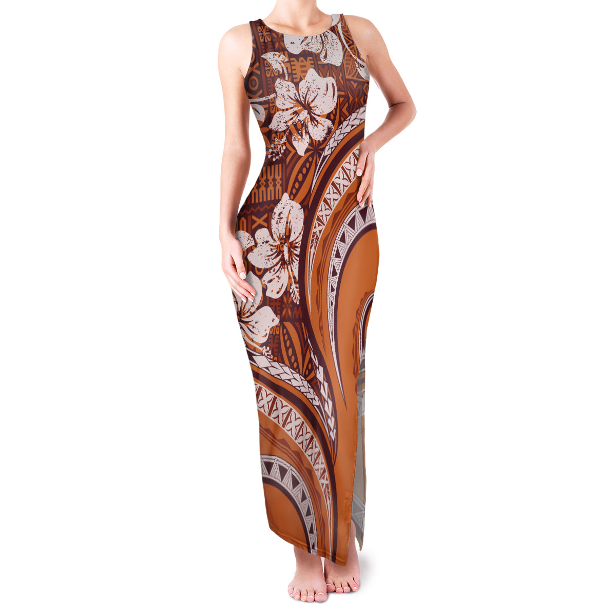 Hawaiian Hibiscus Tribal Vintage Motif Family Matching Tank Maxi Dress and Hawaiian Shirt Ver 5 LT9 Mom's Dress Gold - Polynesian Pride