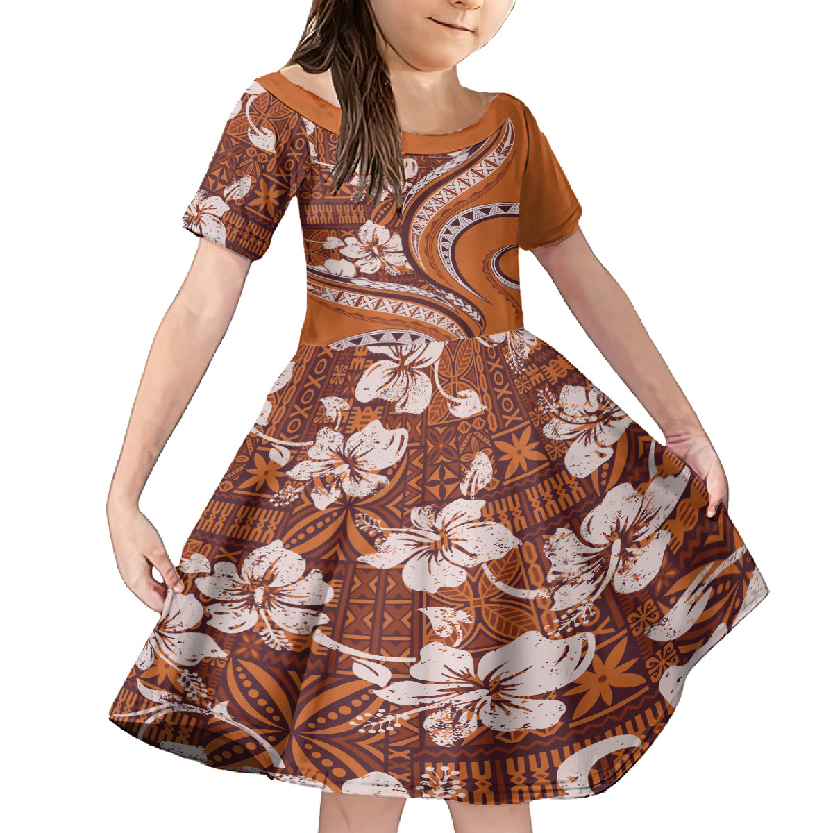 Hawaiian Hibiscus Tribal Vintage Motif Kid Short Sleeve Dress Ver 5 LT9 KID Gold - Polynesian Pride