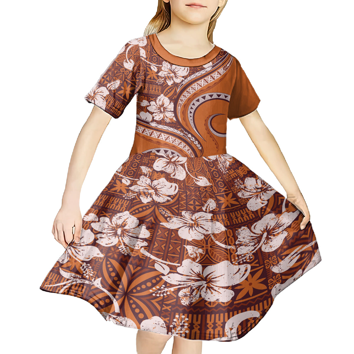 Hawaiian Hibiscus Tribal Vintage Motif Kid Short Sleeve Dress Ver 5 LT9 - Polynesian Pride