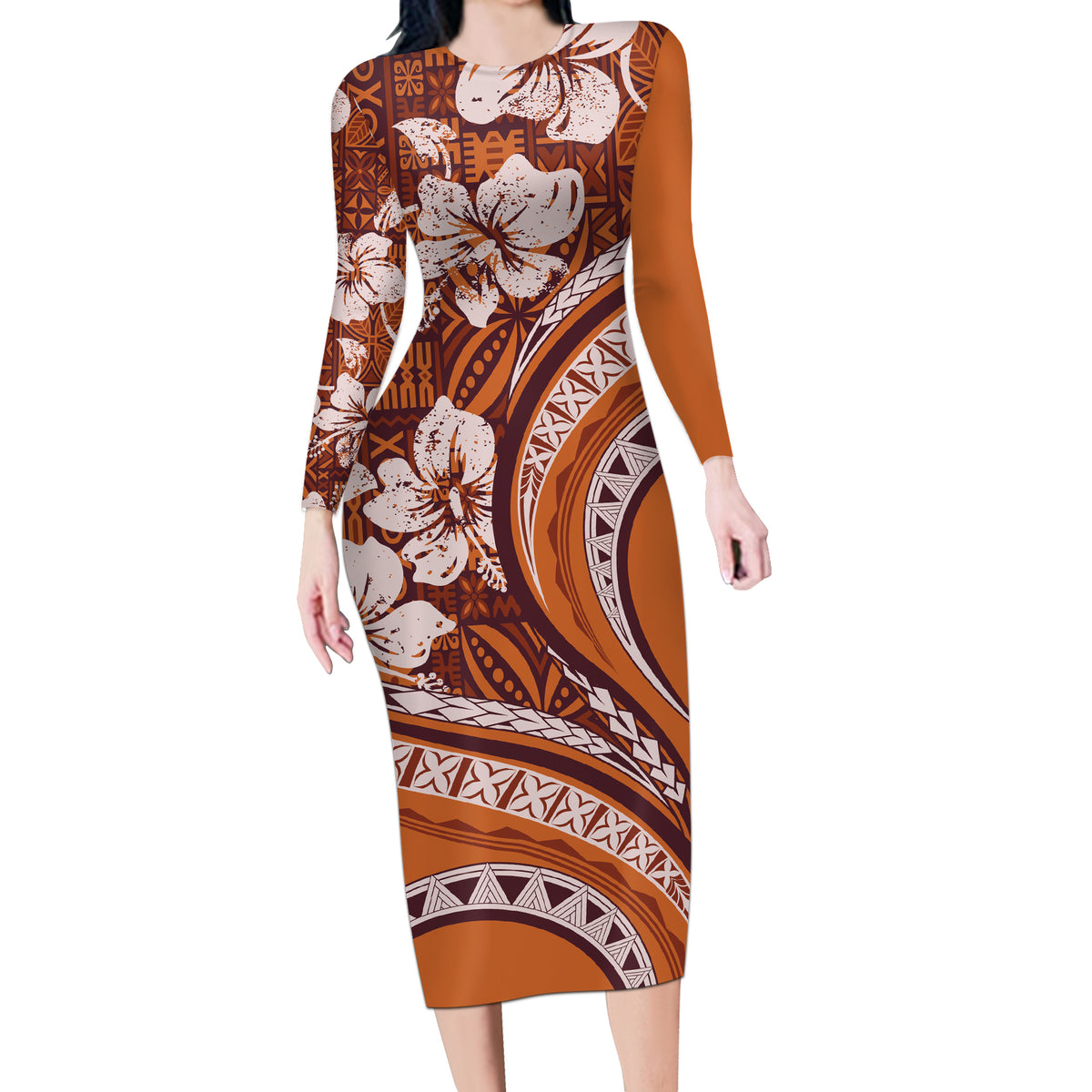 Hawaiian Hibiscus Tribal Vintage Motif Long Sleeve Bodycon Dress Ver 5 LT9 Long Dress Gold - Polynesian Pride
