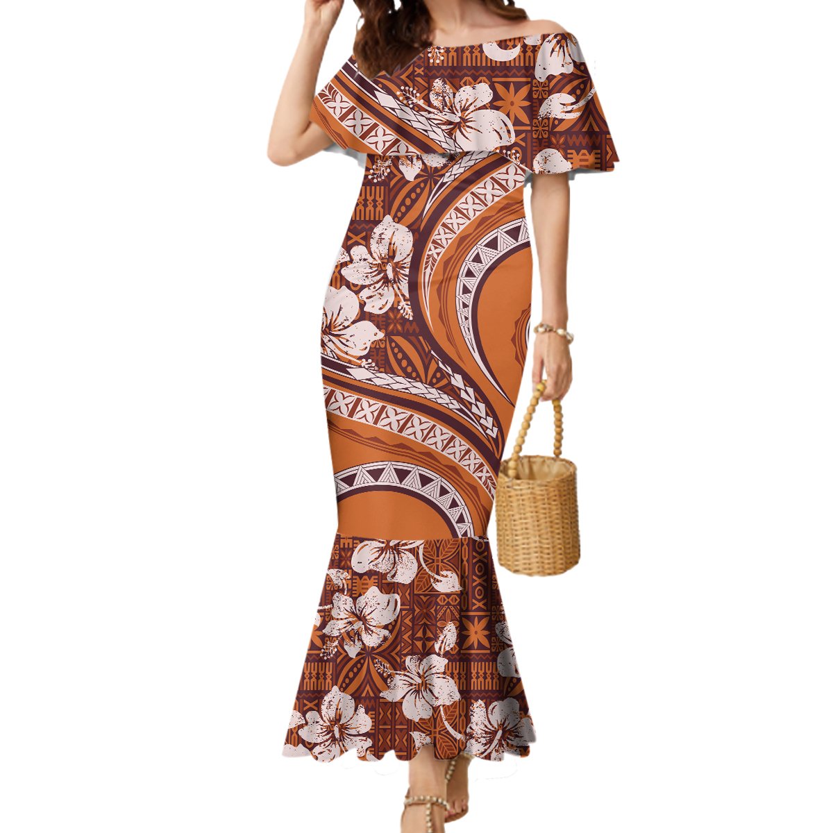 Hawaiian Hibiscus Tribal Vintage Motif Mermaid Dress Ver 5 LT9 Women Gold - Polynesian Pride