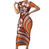 Hawaiian Hibiscus Tribal Vintage Motif Short Sleeve Bodycon Dress Ver 5 LT9 Long Dress Gold - Polynesian Pride