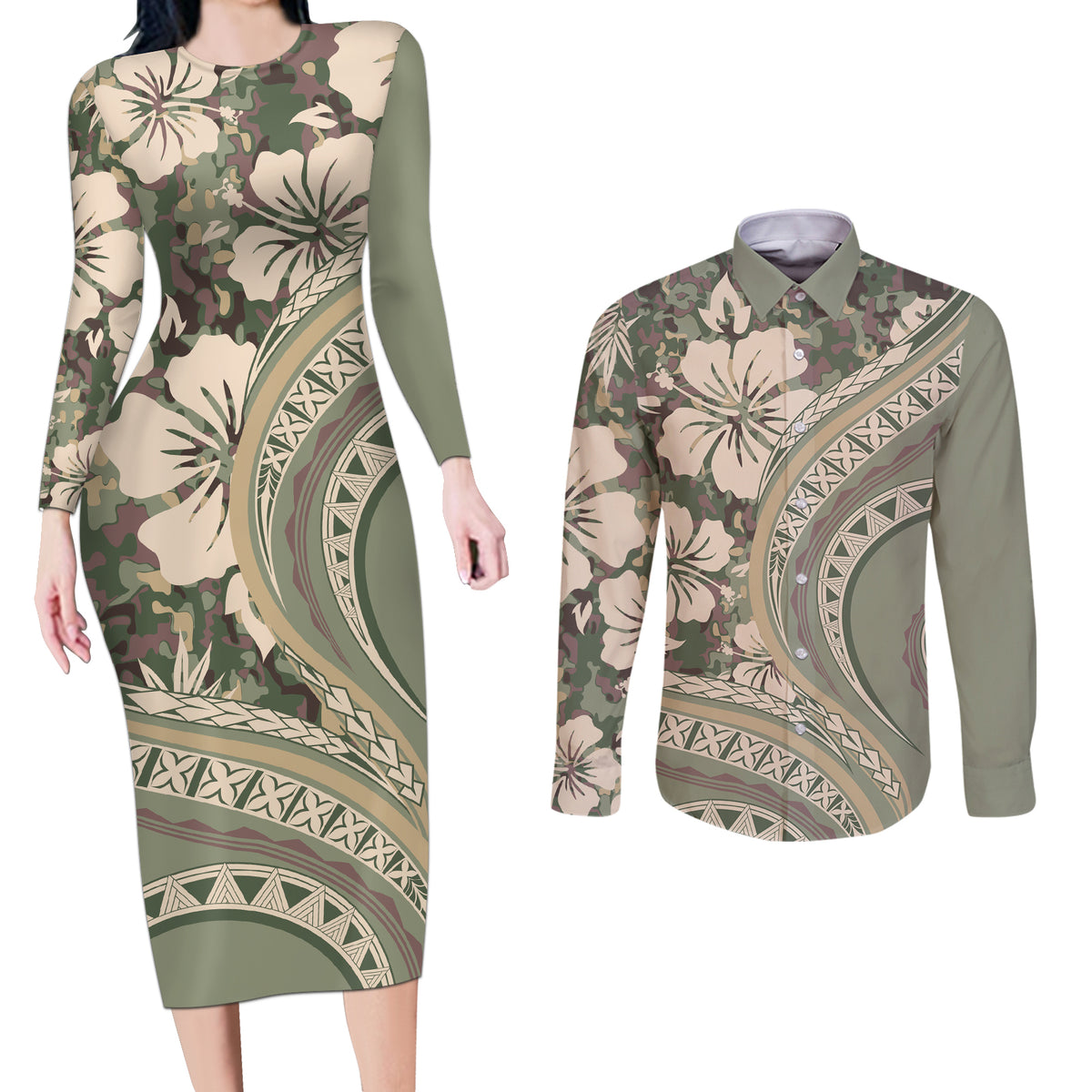 Hawaiian Hibiscus Tribal Vintage Motif Couples Matching Long Sleeve Bodycon Dress and Long Sleeve Button Shirt Ver 6 LT9 Green Pastel - Polynesian Pride
