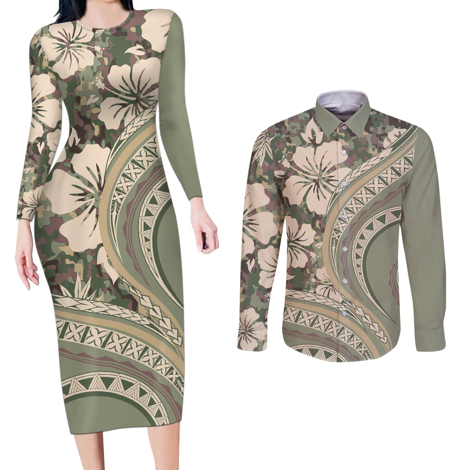 Hawaiian Hibiscus Tribal Vintage Motif Couples Matching Long Sleeve Bodycon Dress and Long Sleeve Button Shirt Ver 6