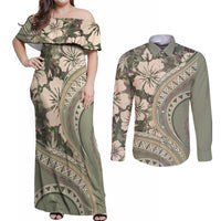Hawaiian Hibiscus Tribal Vintage Motif Couples Matching Off Shoulder Maxi Dress and Long Sleeve Button Shirt Ver 6 LT9 Green Pastel - Polynesian Pride