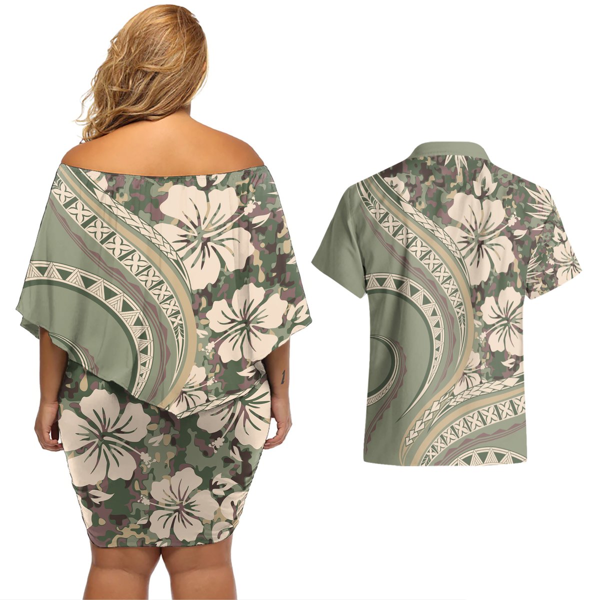 Hawaiian Hibiscus Tribal Vintage Motif Couples Matching Off Shoulder Short Dress and Hawaiian Shirt Ver 6 LT9 - Polynesian Pride