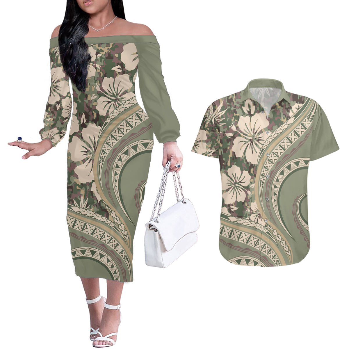Hawaiian Hibiscus Tribal Vintage Motif Couples Matching Off The Shoulder Long Sleeve Dress and Hawaiian Shirt Ver 6 LT9 Green Pastel - Polynesian Pride