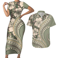 Hawaiian Hibiscus Tribal Vintage Motif Couples Matching Short Sleeve Bodycon Dress and Hawaiian Shirt Ver 6 LT9 Green Pastel - Polynesian Pride
