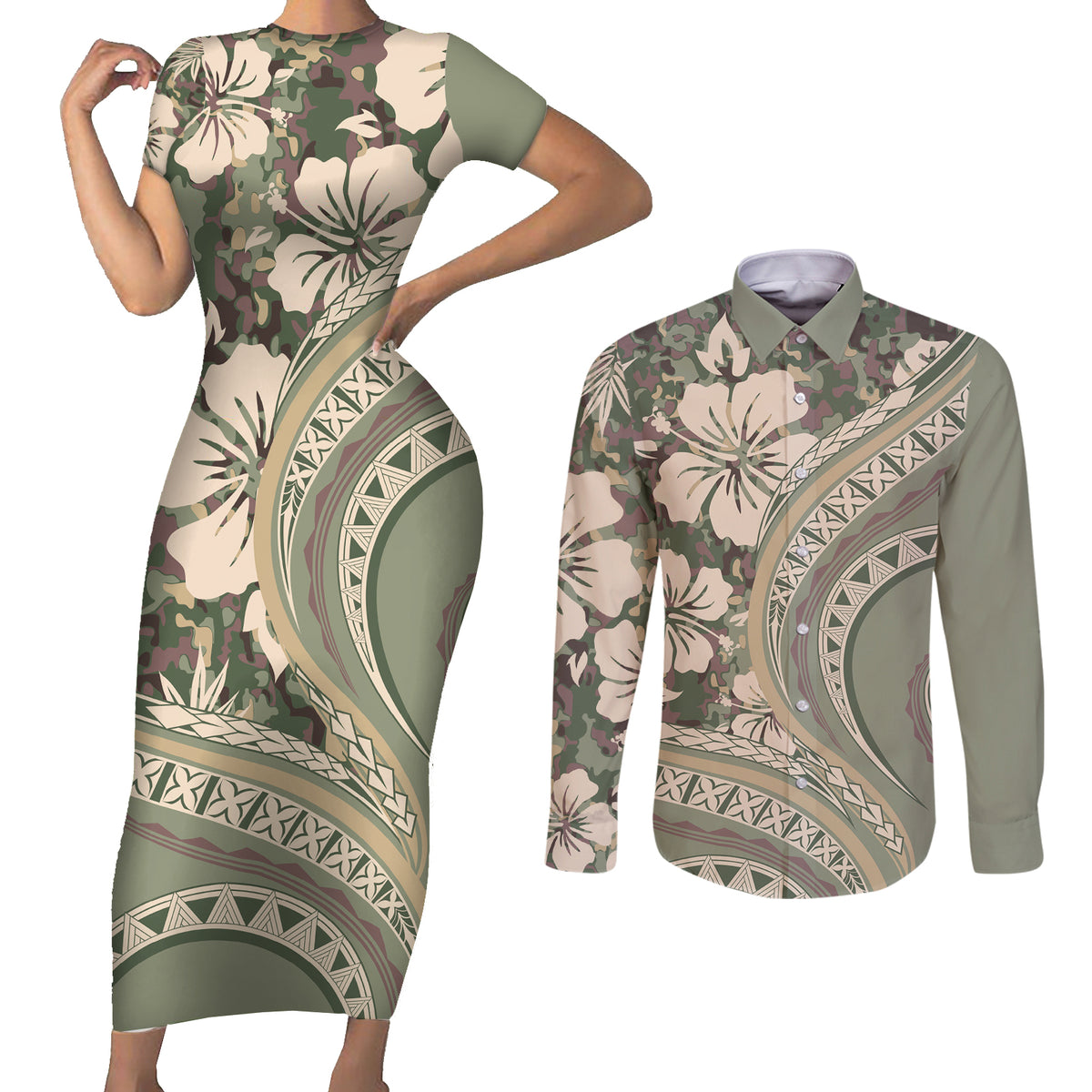 Hawaiian Hibiscus Tribal Vintage Motif Couples Matching Short Sleeve Bodycon Dress and Long Sleeve Button Shirt Ver 6 LT9 Green Pastel - Polynesian Pride