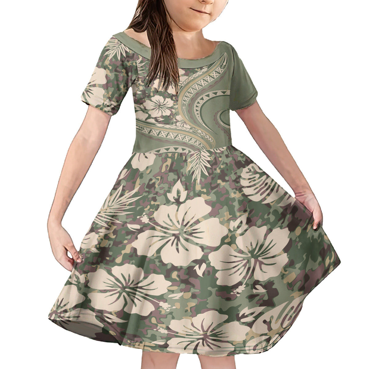Hawaiian Hibiscus Tribal Vintage Motif Family Matching Long Sleeve Bodycon Dress and Hawaiian Shirt Ver 6 LT9 Daughter's Dress Green Pastel - Polynesian Pride