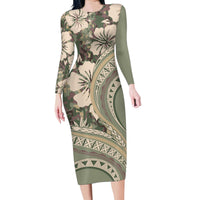 Hawaiian Hibiscus Tribal Vintage Motif Family Matching Long Sleeve Bodycon Dress and Hawaiian Shirt Ver 6 LT9 Mom's Dress Green Pastel - Polynesian Pride