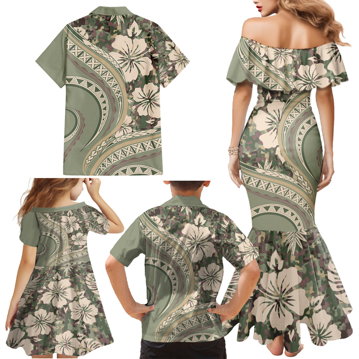 Hawaiian Hibiscus Tribal Vintage Motif Family Matching Mermaid Dress and Hawaiian Shirt Ver 6 LT9 - Polynesian Pride