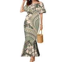 Hawaiian Hibiscus Tribal Vintage Motif Family Matching Mermaid Dress and Hawaiian Shirt Ver 6 LT9 Mom's Dress Green Pastel - Polynesian Pride
