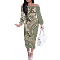 Hawaiian Hibiscus Tribal Vintage Motif Family Matching Off The Shoulder Long Sleeve Dress and Hawaiian Shirt Ver 6 LT9 Mom's Dress Green Pastel - Polynesian Pride