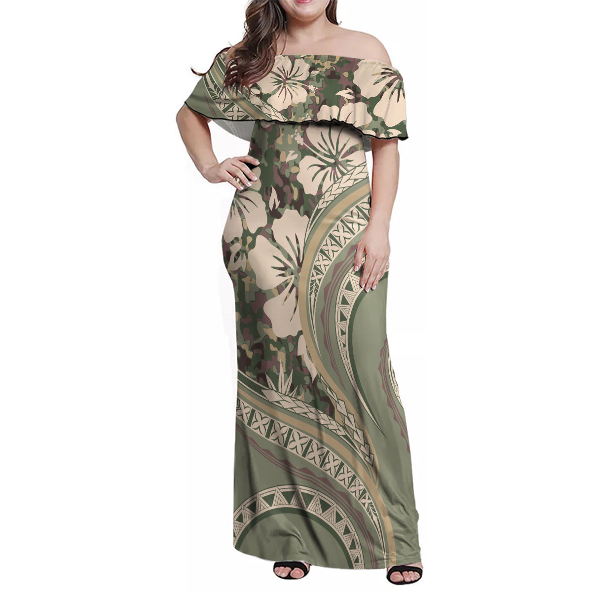 Hawaiian Hibiscus Tribal Vintage Motif Family Matching Off Shoulder Maxi Dress and Hawaiian Shirt Ver 6 LT9 Mom's Dress Green Pastel - Polynesian Pride