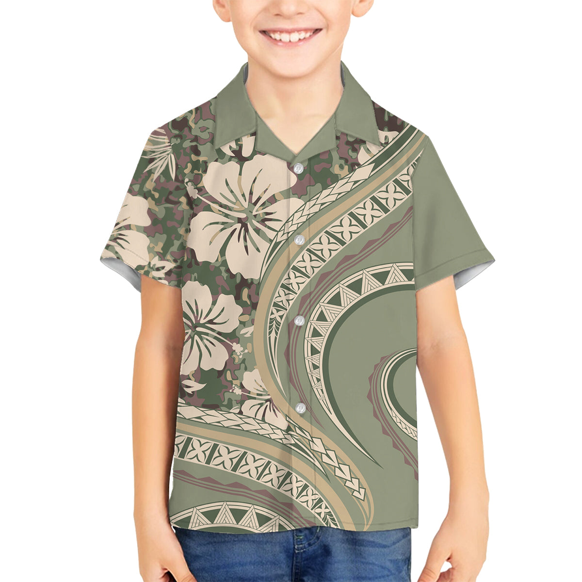 Hawaiian Hibiscus Tribal Vintage Motif Family Matching Off Shoulder Short Dress and Hawaiian Shirt Ver 6 LT9 Son's Shirt Green Pastel - Polynesian Pride