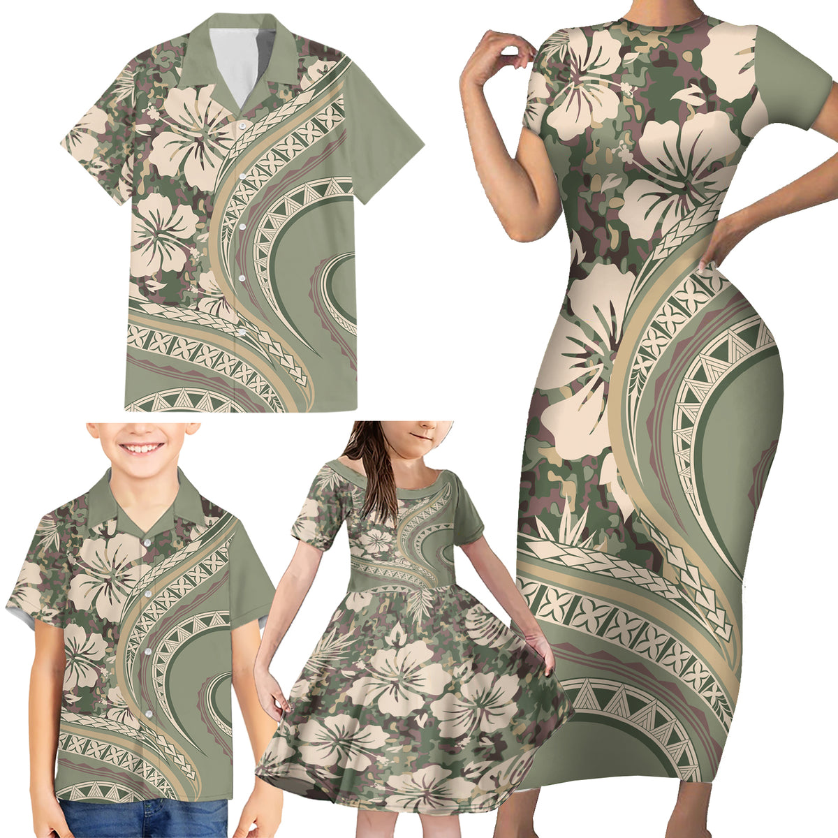 Hawaiian Hibiscus Tribal Vintage Motif Family Matching Short Sleeve Bodycon Dress and Hawaiian Shirt Ver 6 LT9 - Polynesian Pride