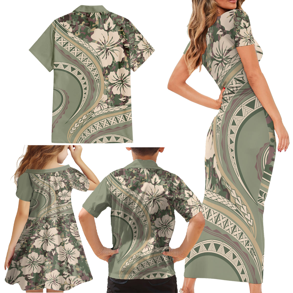 Hawaiian Hibiscus Tribal Vintage Motif Family Matching Short Sleeve Bodycon Dress and Hawaiian Shirt Ver 6 LT9 - Polynesian Pride