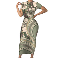 Hawaiian Hibiscus Tribal Vintage Motif Family Matching Short Sleeve Bodycon Dress and Hawaiian Shirt Ver 6 LT9 Mom's Dress Green Pastel - Polynesian Pride