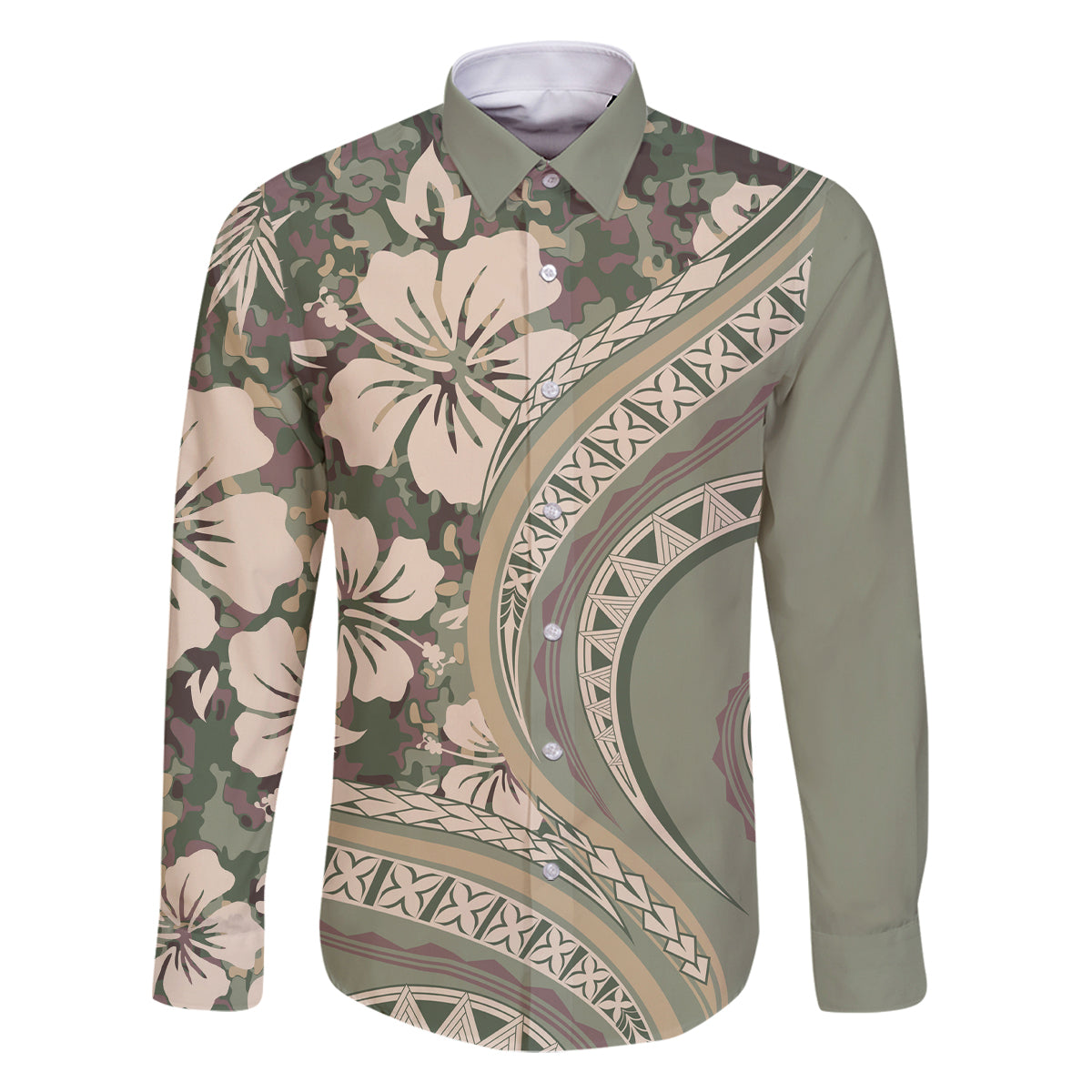 Hawaiian Hibiscus Tribal Vintage Motif Family Matching Summer Maxi Dress and Hawaiian Shirt Ver 6 LT9 Dad's Shirt - Long Sleeve Green Pastel - Polynesian Pride
