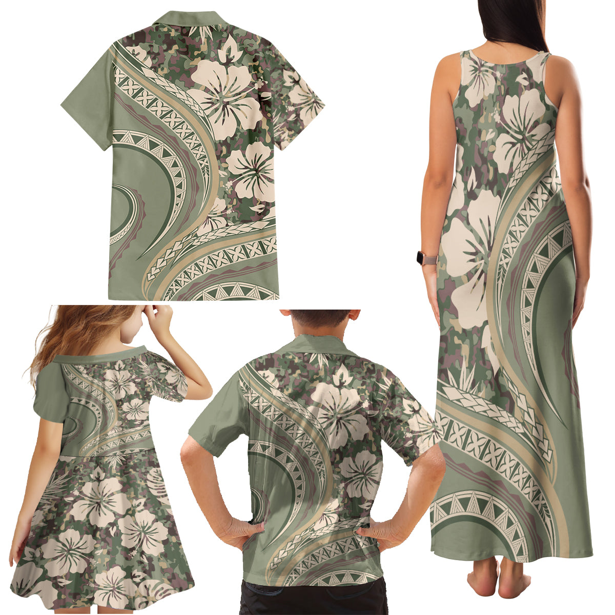 Hawaiian Hibiscus Tribal Vintage Motif Family Matching Tank Maxi Dress and Hawaiian Shirt Ver 6 LT9 - Polynesian Pride