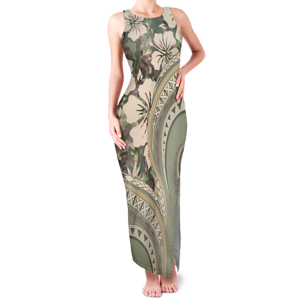 Hawaiian Hibiscus Tribal Vintage Motif Family Matching Tank Maxi Dress and Hawaiian Shirt Ver 6 LT9 Mom's Dress Green Pastel - Polynesian Pride