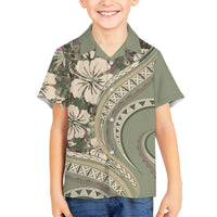Hawaiian Hibiscus Tribal Vintage Motif Family Matching Tank Maxi Dress and Hawaiian Shirt Ver 6 LT9 Son's Shirt Green Pastel - Polynesian Pride