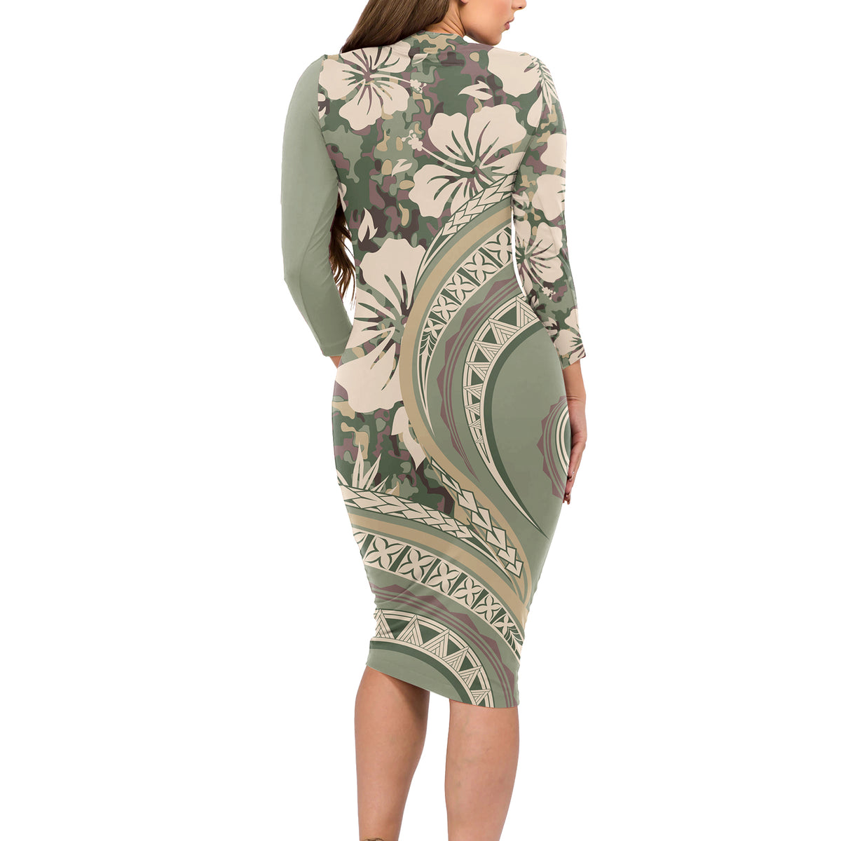 Hawaiian Hibiscus Tribal Vintage Motif Long Sleeve Bodycon Dress Ver 6 LT9 - Polynesian Pride