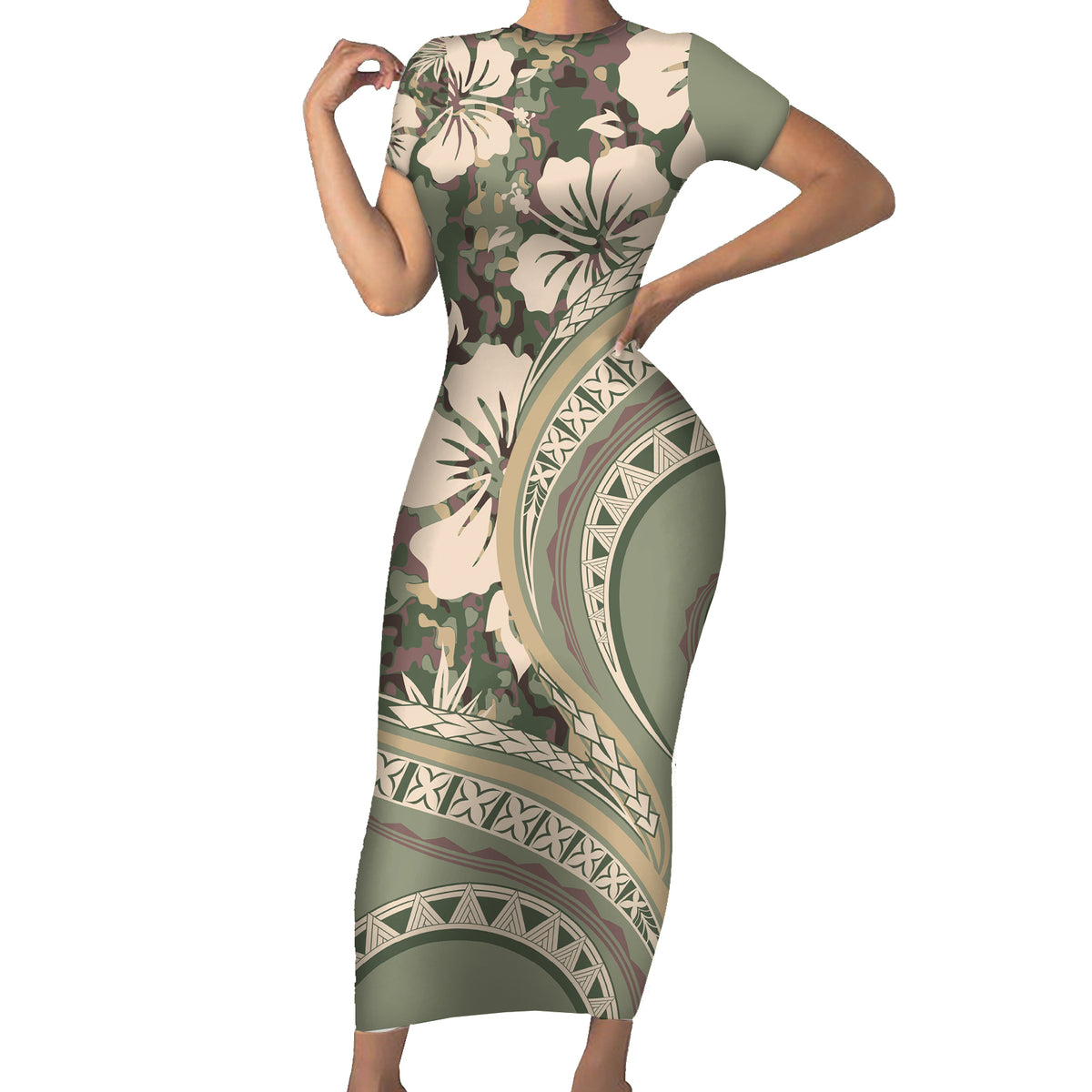 Hawaiian Hibiscus Tribal Vintage Motif Short Sleeve Bodycon Dress Ver 6 LT9 Long Dress Green Pastel - Polynesian Pride