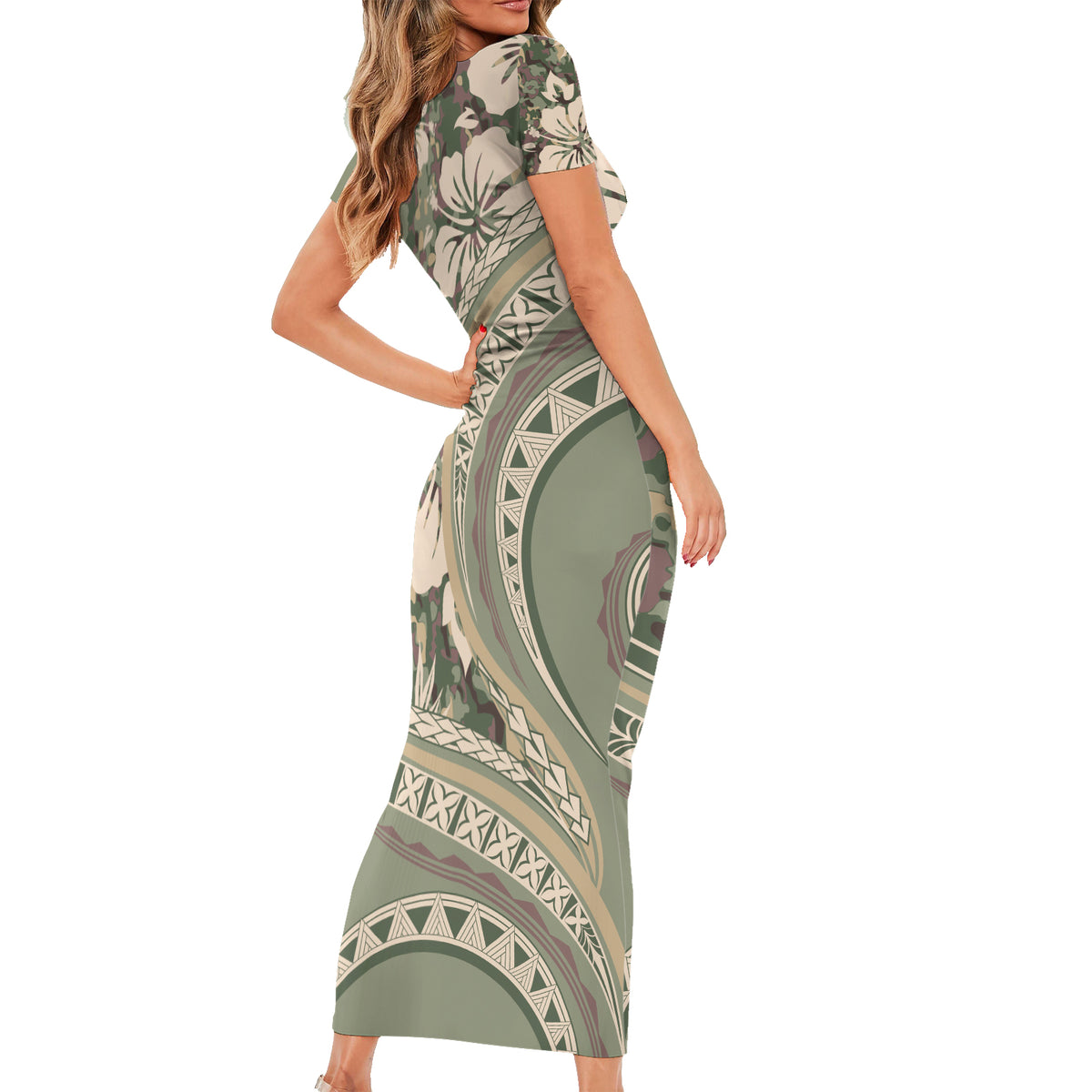 Hawaiian Hibiscus Tribal Vintage Motif Short Sleeve Bodycon Dress Ver 6 LT9 - Polynesian Pride