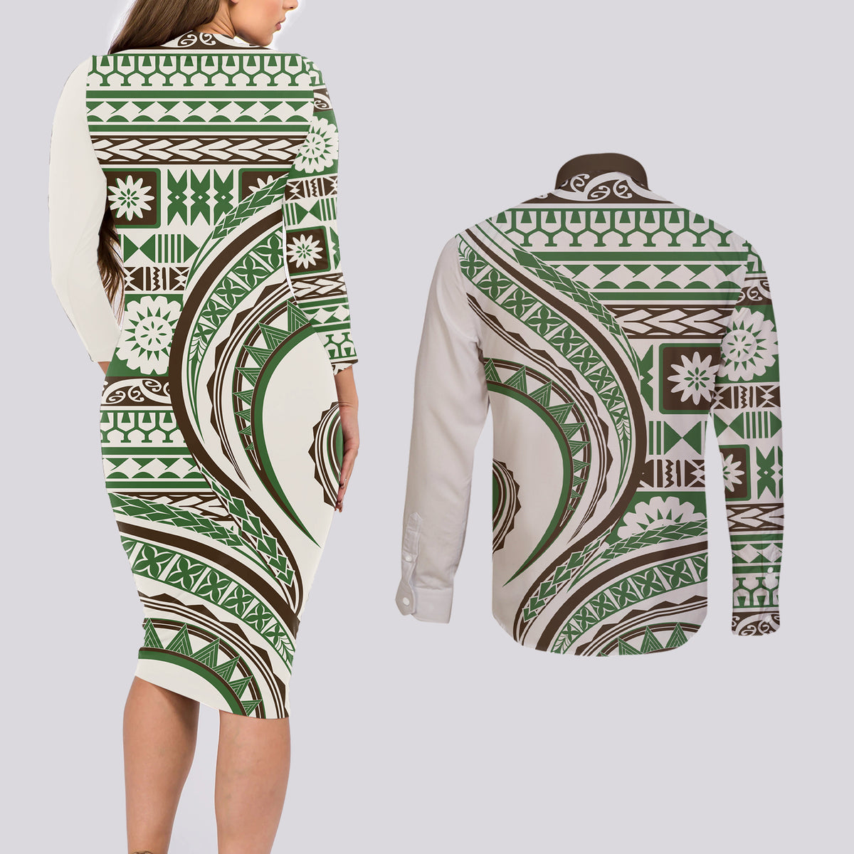 Hawaiian Hibiscus Tribal Vintage Motif Couples Matching Long Sleeve Bodycon Dress and Long Sleeve Button Shirt Ver 7 LT9 - Polynesian Pride
