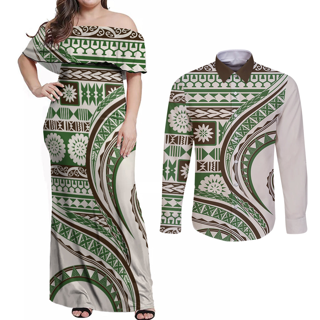 Hawaiian Hibiscus Tribal Vintage Motif Couples Matching Off Shoulder Maxi Dress and Long Sleeve Button Shirt Ver 7 LT9 Green - Polynesian Pride