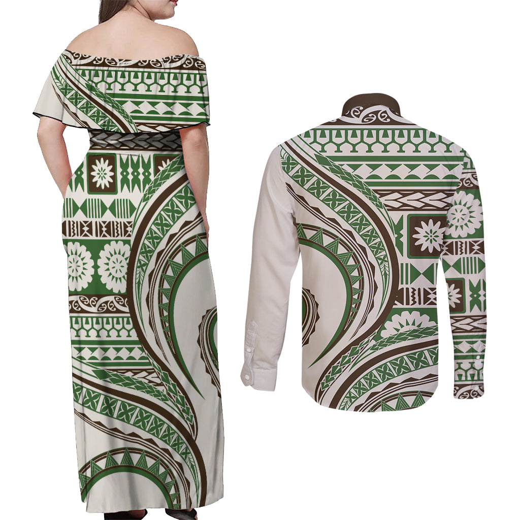 Hawaiian Hibiscus Tribal Vintage Motif Couples Matching Off Shoulder Maxi Dress and Long Sleeve Button Shirt Ver 7 LT9 - Polynesian Pride