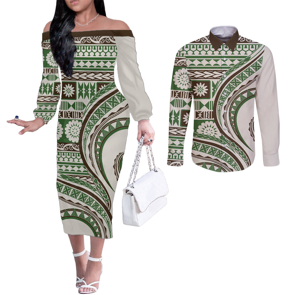 Hawaiian Hibiscus Tribal Vintage Motif Couples Matching Off The Shoulder Long Sleeve Dress and Long Sleeve Button Shirt Ver 7 LT9 Green - Polynesian Pride