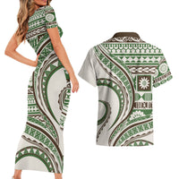 Hawaiian Hibiscus Tribal Vintage Motif Couples Matching Short Sleeve Bodycon Dress and Hawaiian Shirt Ver 7 LT9 - Polynesian Pride