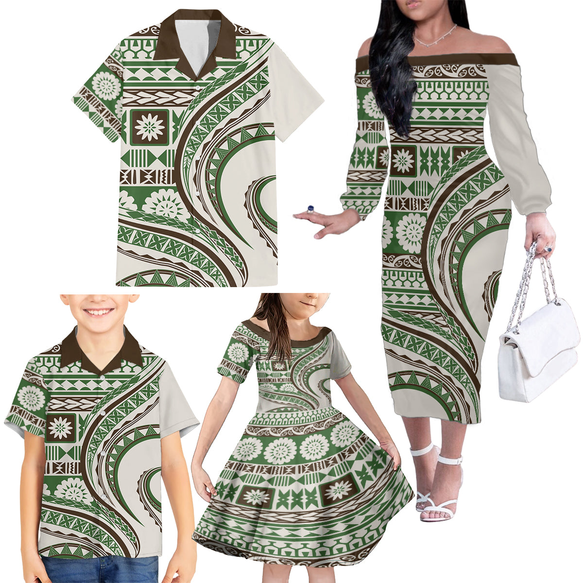 Hawaiian Hibiscus Tribal Vintage Motif Family Matching Off The Shoulder Long Sleeve Dress and Hawaiian Shirt Ver 7 LT9 - Polynesian Pride
