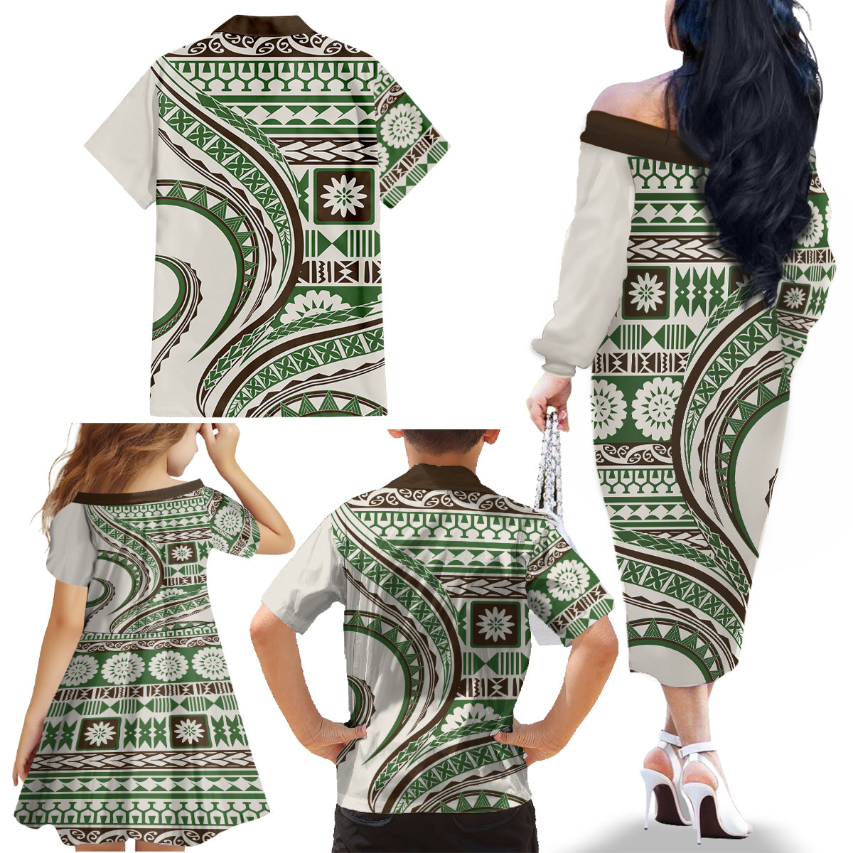 Hawaiian Hibiscus Tribal Vintage Motif Family Matching Off The Shoulder Long Sleeve Dress and Hawaiian Shirt Ver 7 LT9 - Polynesian Pride