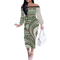 Hawaiian Hibiscus Tribal Vintage Motif Family Matching Off The Shoulder Long Sleeve Dress and Hawaiian Shirt Ver 7 LT9 Mom's Dress Green - Polynesian Pride