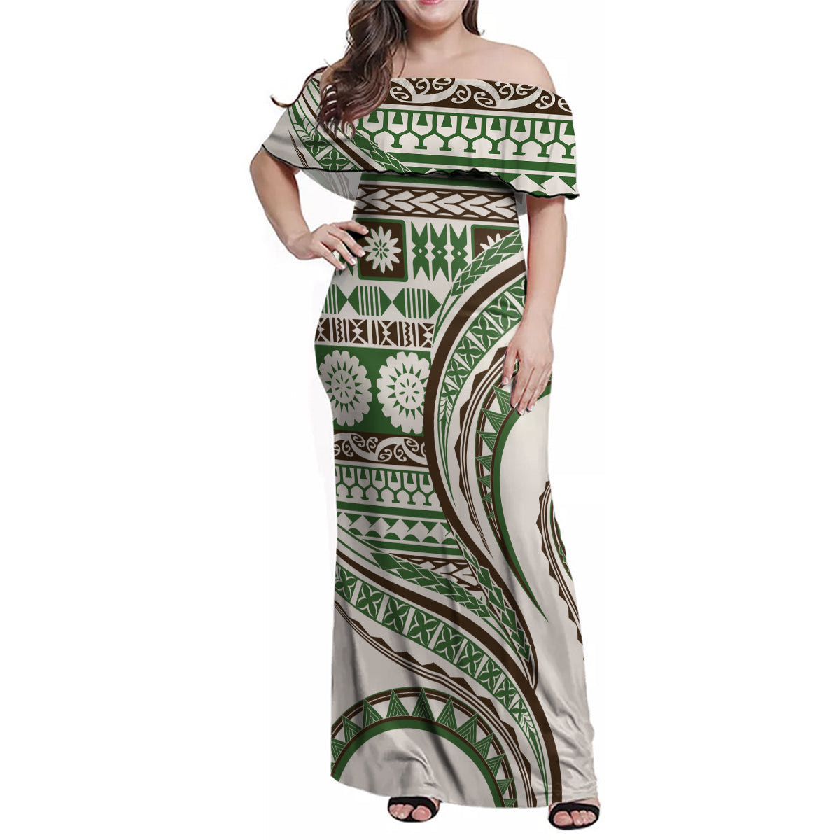 Hawaiian Hibiscus Tribal Vintage Motif Family Matching Off Shoulder Maxi Dress and Hawaiian Shirt Ver 7 LT9 Mom's Dress Green - Polynesian Pride
