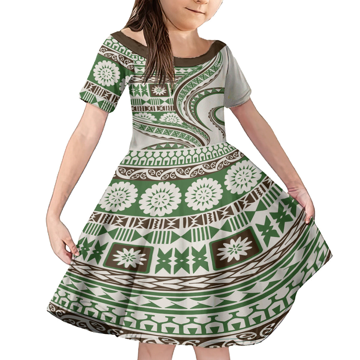 Hawaiian Hibiscus Tribal Vintage Motif Family Matching Off Shoulder Short Dress and Hawaiian Shirt Ver 7 LT9 Daughter's Dress Green - Polynesian Pride