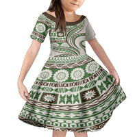 Hawaiian Hibiscus Tribal Vintage Motif Family Matching Off Shoulder Short Dress and Hawaiian Shirt Ver 7 LT9 Daughter's Dress Green - Polynesian Pride