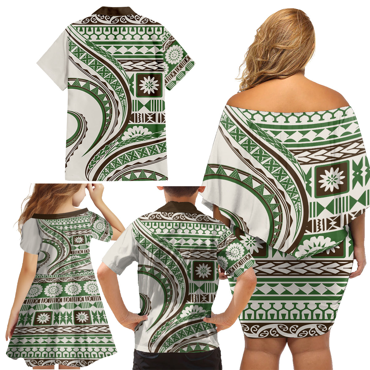 Hawaiian Hibiscus Tribal Vintage Motif Family Matching Off Shoulder Short Dress and Hawaiian Shirt Ver 7 LT9 - Polynesian Pride