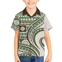 Hawaiian Hibiscus Tribal Vintage Motif Family Matching Off Shoulder Short Dress and Hawaiian Shirt Ver 7 LT9 Son's Shirt Green - Polynesian Pride
