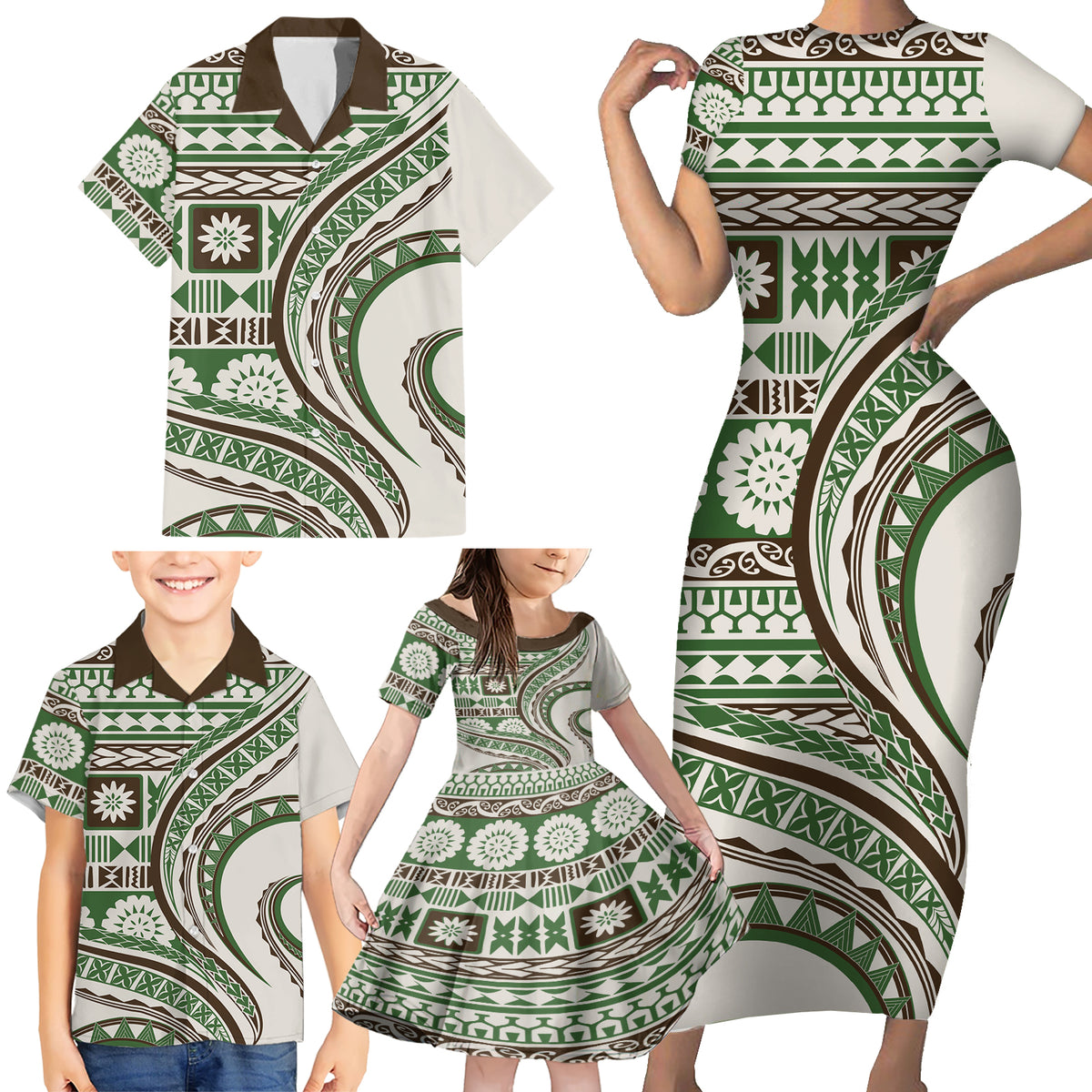 Hawaiian Hibiscus Tribal Vintage Motif Family Matching Short Sleeve Bodycon Dress and Hawaiian Shirt Ver 7 LT9 - Polynesian Pride
