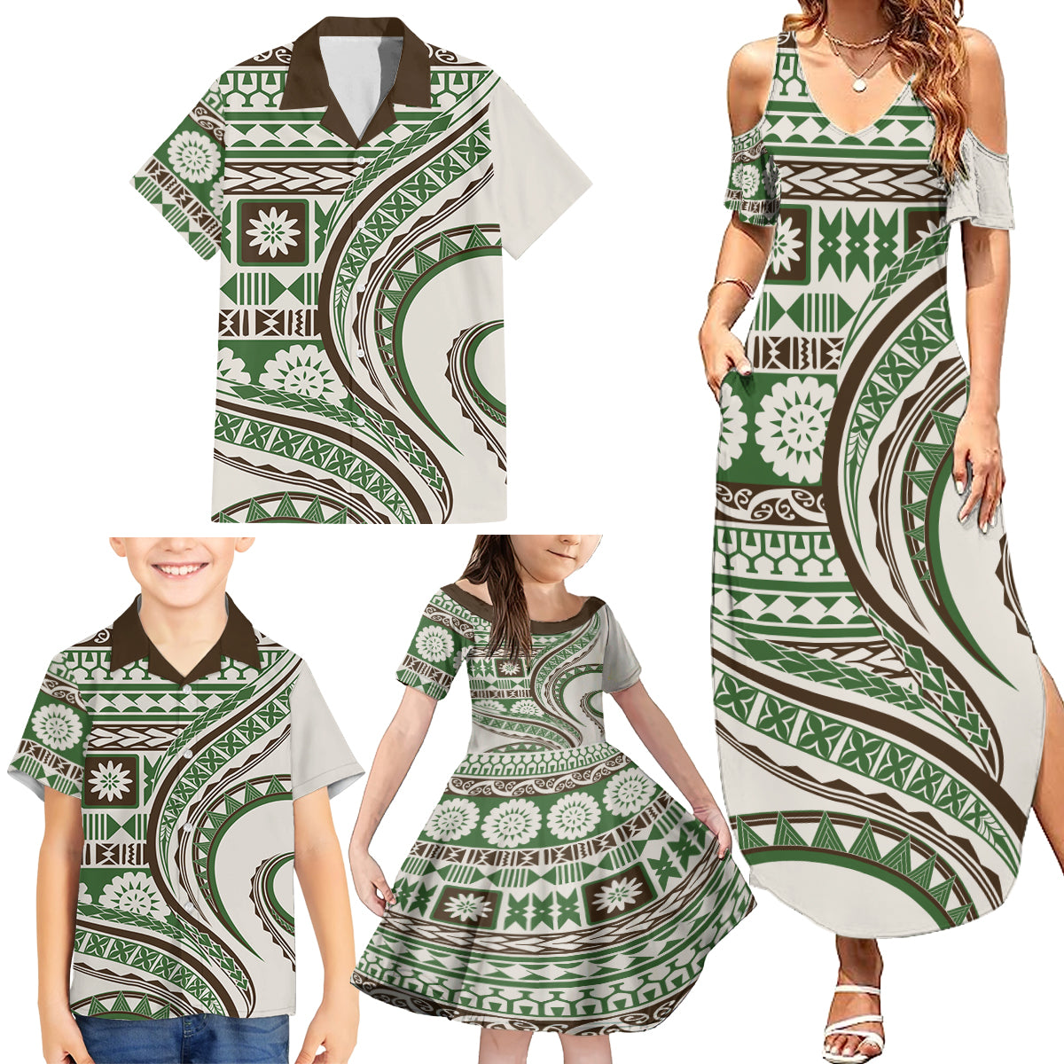 Hawaiian Hibiscus Tribal Vintage Motif Family Matching Summer Maxi Dress and Hawaiian Shirt Ver 7 LT9 - Polynesian Pride