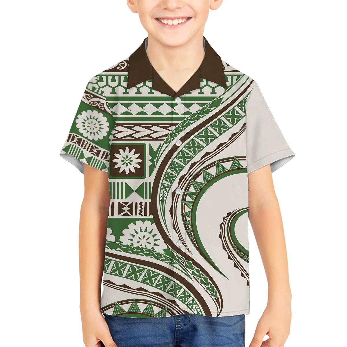 Hawaiian Hibiscus Tribal Vintage Motif Family Matching Summer Maxi Dress and Hawaiian Shirt Ver 7 LT9 Son's Shirt Green - Polynesian Pride